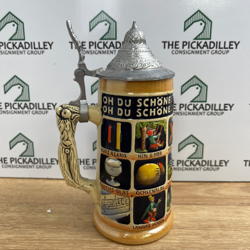 Vintage German Schnitzelbank Beer Stein Ceramic Pewter Lid 7 Inch Germany